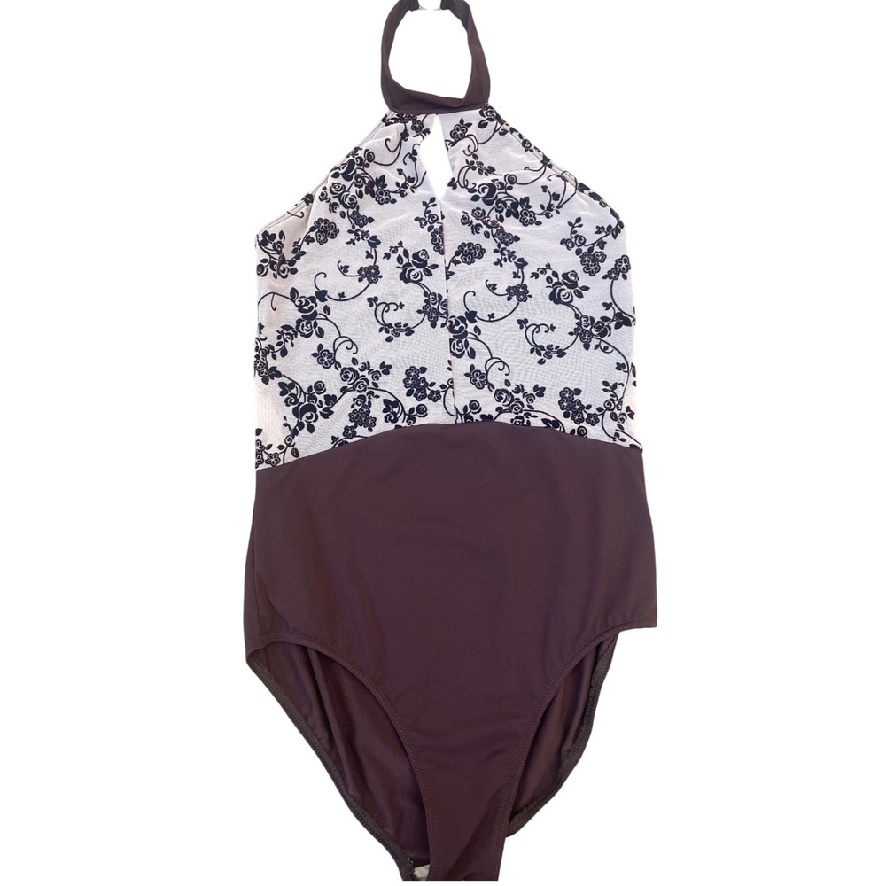 Nikolay Floral Mesh Halter Bodysuit Brown L ‎ Leotard Dance Gymnastics Flawed